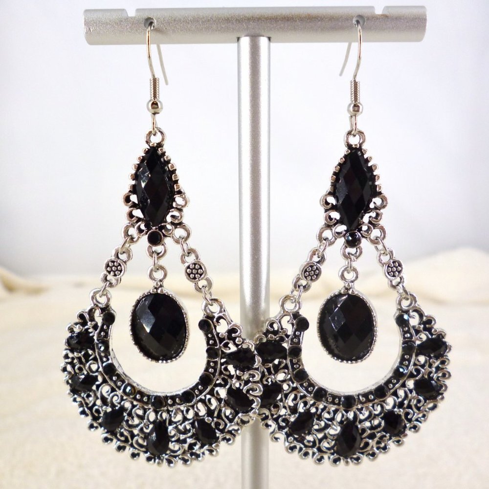 Drop Earrings Black & Silver Tone 3.5" Gypsy Boho Filigree NOC New Perfect M694